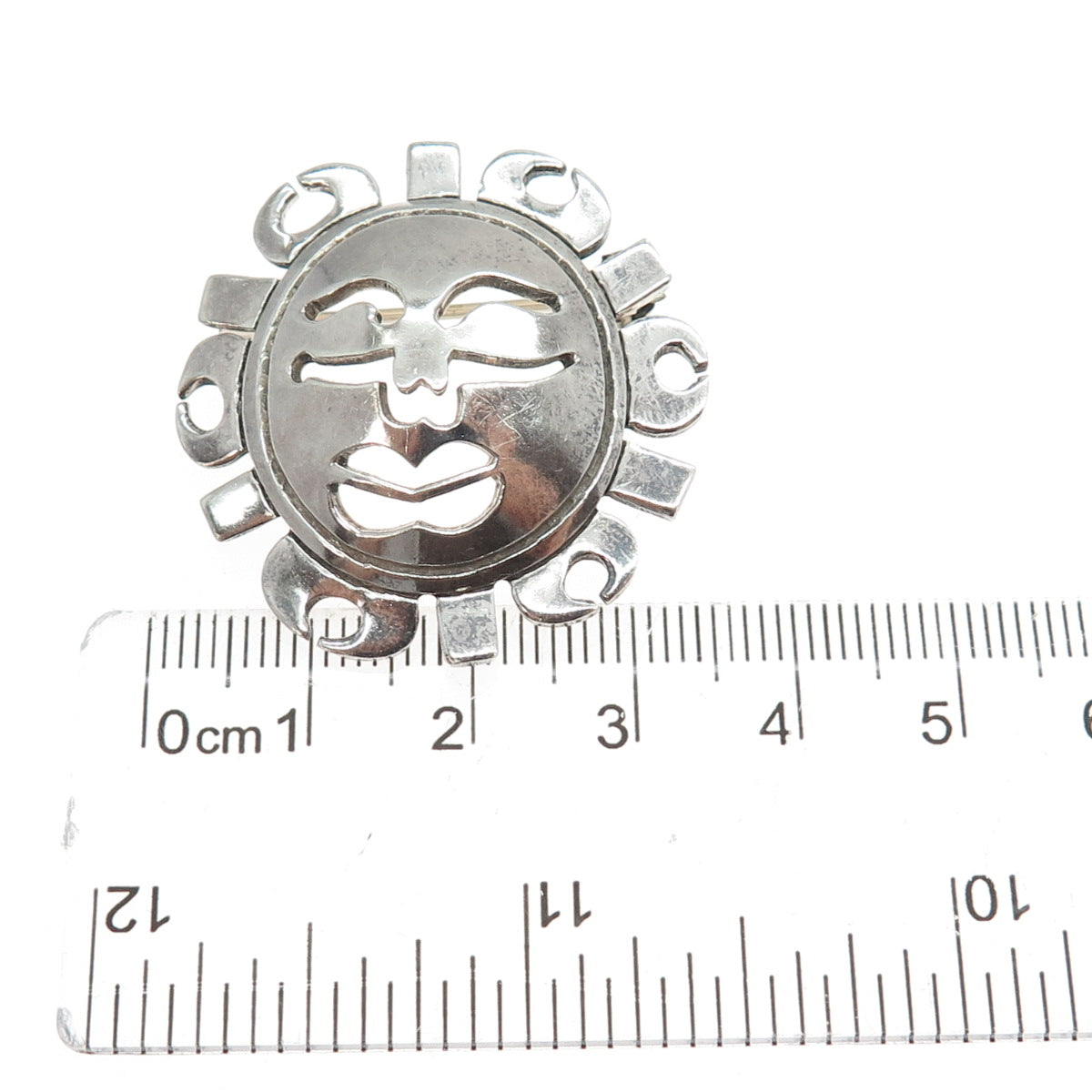925 Sterling Silver Vintage Mexico Sun Face Modernist Oxidized Pin Brooch