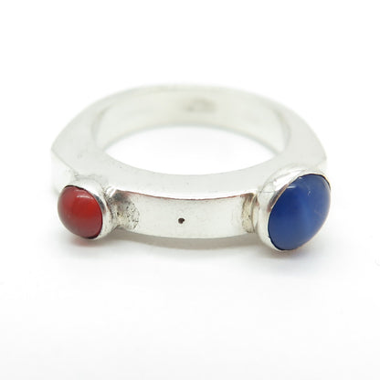 925 Sterling Vintage Blue Chalcedony & Carnelian Gem Modernist Ring Size 5.5