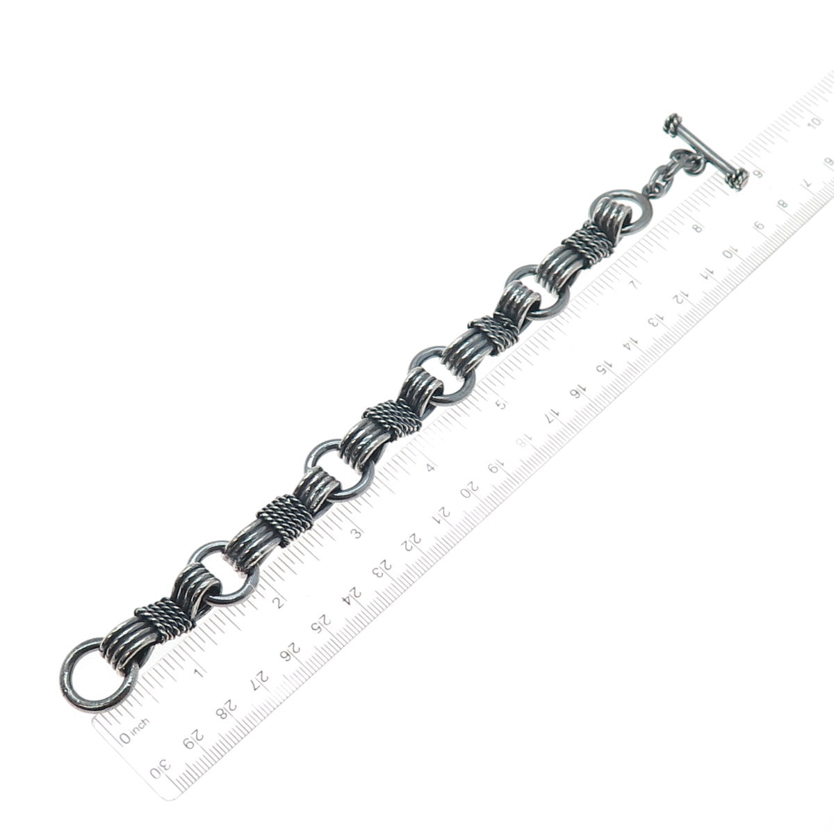 925 Sterling Silver Vintage Roped Bow Link Heavy 81.3g Oxidized Bracelet 7.75"