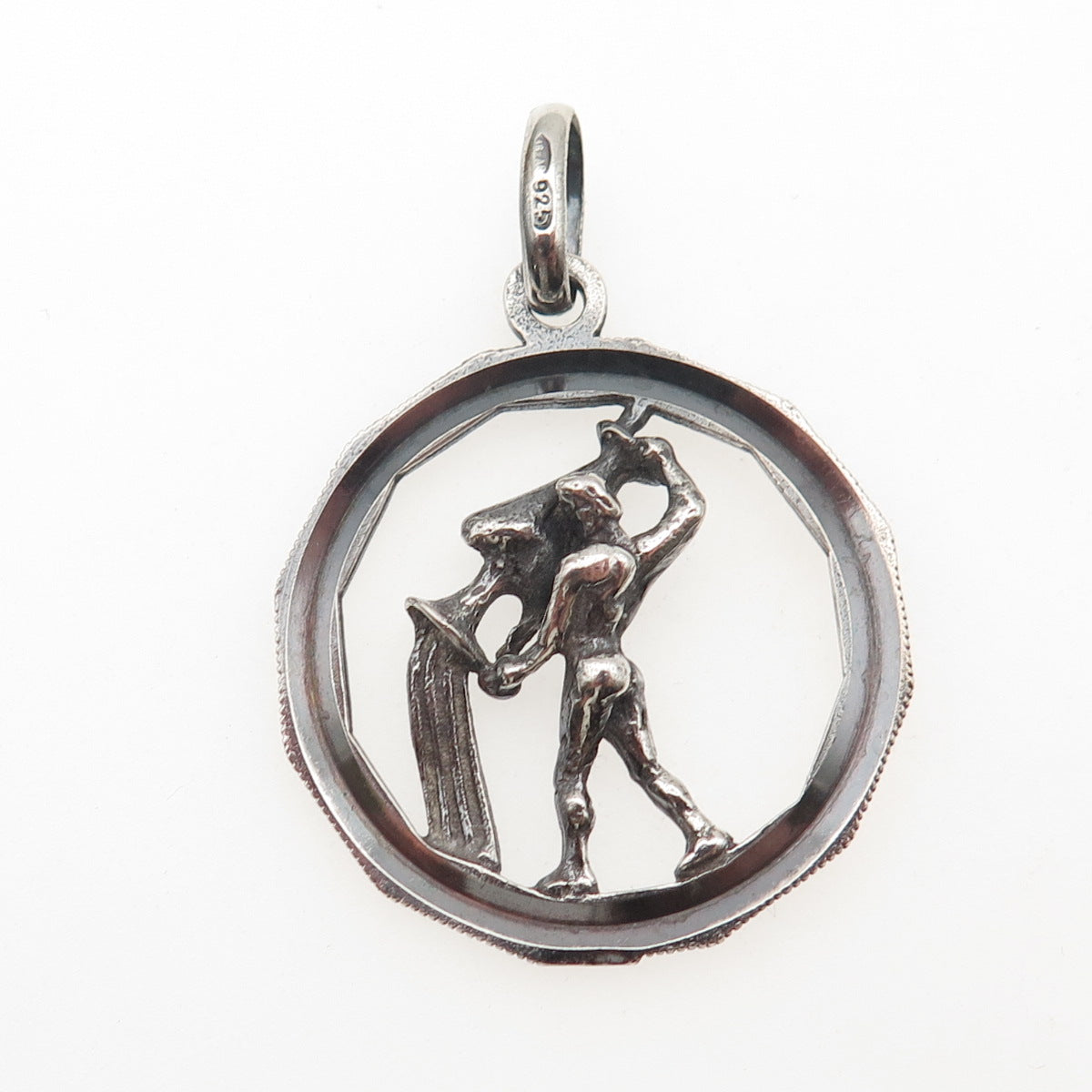 925 Sterling Silver Vintage Italy Aquarius Zodiac Sign Oxidized Charm Pendant