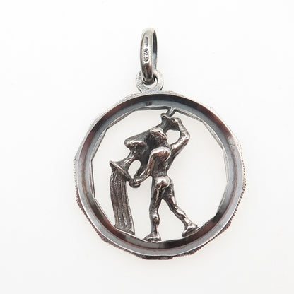 925 Sterling Silver Vintage Italy Aquarius Zodiac Sign Oxidized Charm Pendant