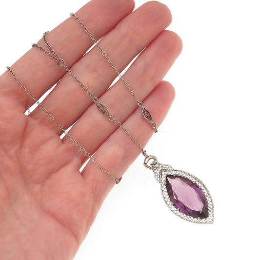 925 Sterling Silver Antique Art Deco Rhinestone Filigree Chain Necklace 24"
