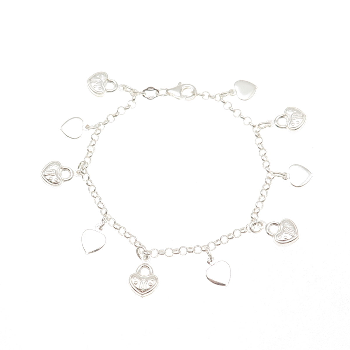 925 Sterling Silver Vintage Heart Lock Dangle Charm Rolo Link Bracelet 7"