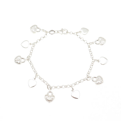 925 Sterling Silver Vintage Heart Lock Dangle Charm Rolo Link Bracelet 7"