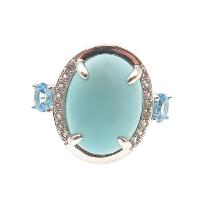 925 Sterling Silver Real Larimar White & Blue Topaz Ring Size 6.25