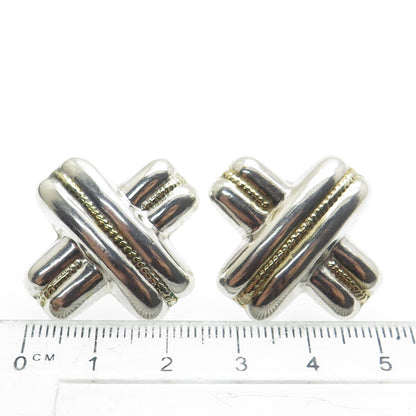925 Sterling Silver 2-Tone Vintage "X" Modernist Earrings