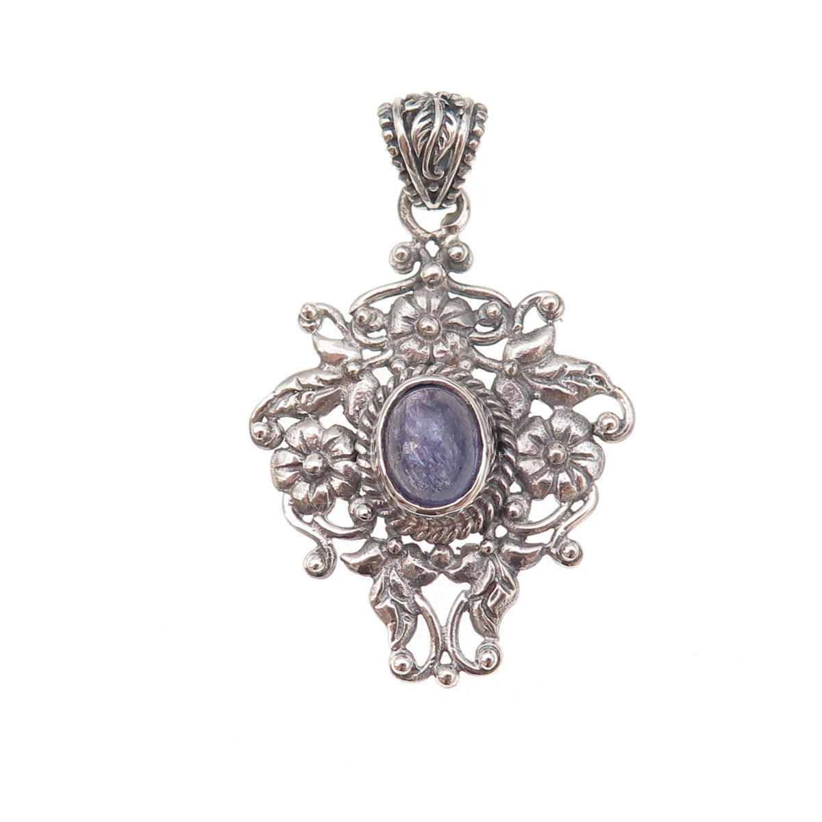 925 Sterling Silver Vintage Real Tanzanite Floral Oxidized Charm Pendant