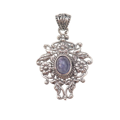 925 Sterling Silver Vintage Real Tanzanite Floral Oxidized Charm Pendant