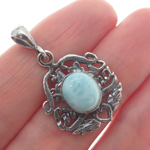925 Sterling Silver Vintage Real Larimar "#1 Grandma" Oxidized Charm Pendant