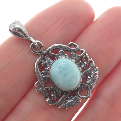 925 Sterling Silver Vintage Real Larimar "#1 Grandma" Oxidized Charm Pendant