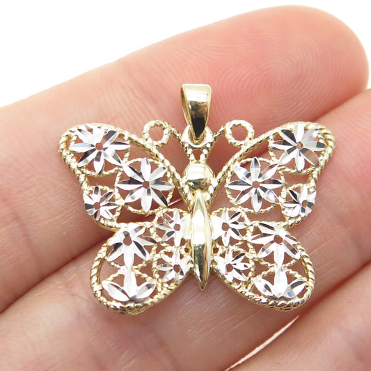 14K Yellow & White Gold Diamond-Cut Floral Butterfly Minimalist Charm Pendant