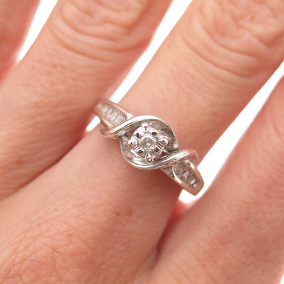 925 Sterling Silver Real Round & Emerald-Cut Diamond Engagement Ring Size 7