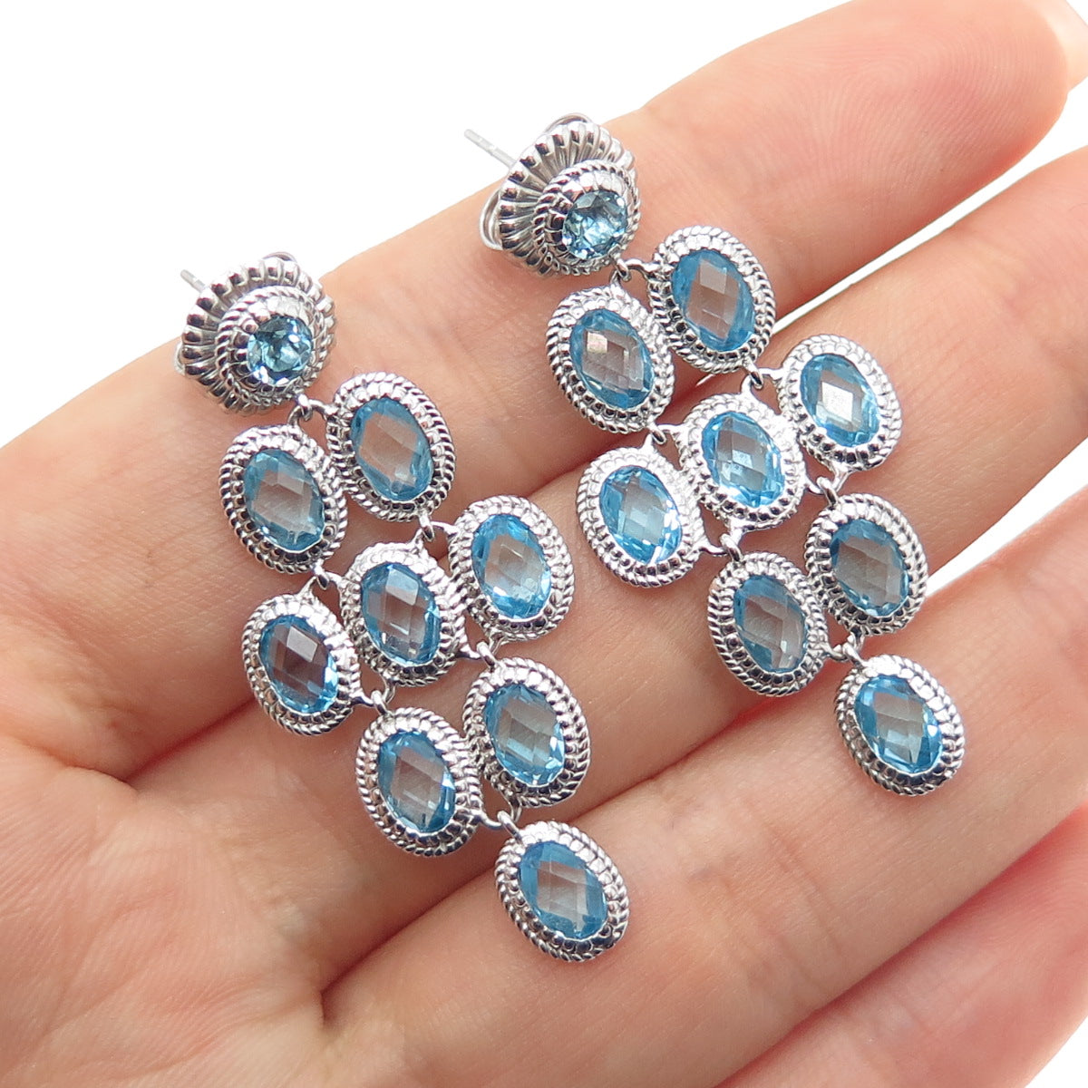 925 Sterling Silver Real Blue Topaz Cluster Dangle Earrings