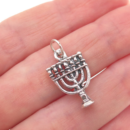 925 Sterling Silver Vintage Menorah Judaica Oxidized Charm Pendant