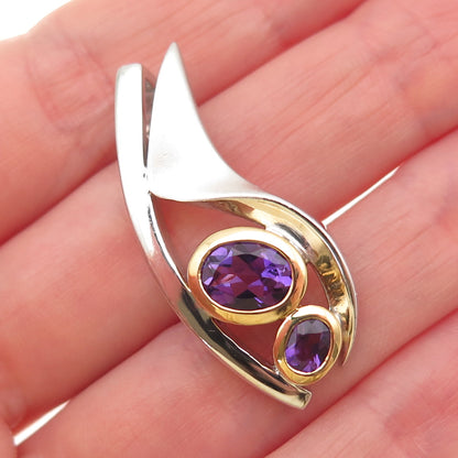 925 Sterling Silver 2-Tone Real Amethyst Modernist Slide Pendant
