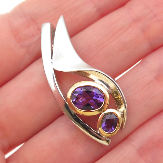 925 Sterling Silver 2-Tone Real Amethyst Modernist Slide Pendant