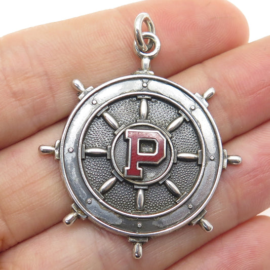 925 Sterling Silver Vintage Enamel Letter "P" Ship Wheel Oxidized Pendant