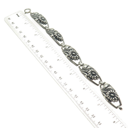 925 Sterling Silver Antique Art Deco Flower Panel Link Oxidized Bracelet 7.75"