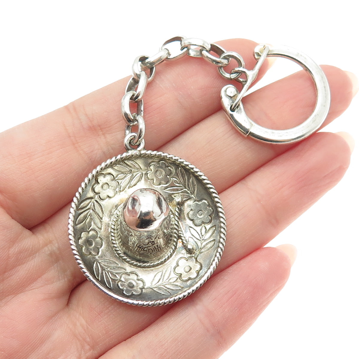 925 Sterling Silver Vintage Mexico Sombrero Hat Cable Chain Key Ring