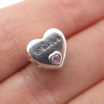 PANDORA 925 Sterling Silver Purple C Z Sister Heart Slide Bead Charm
