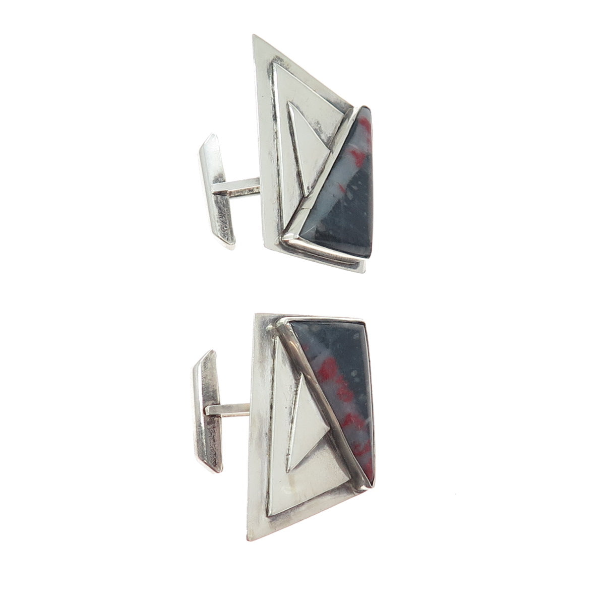 925 Sterling Silver Vintage Real Bloodstone Modernist Oxidized Cufflinks