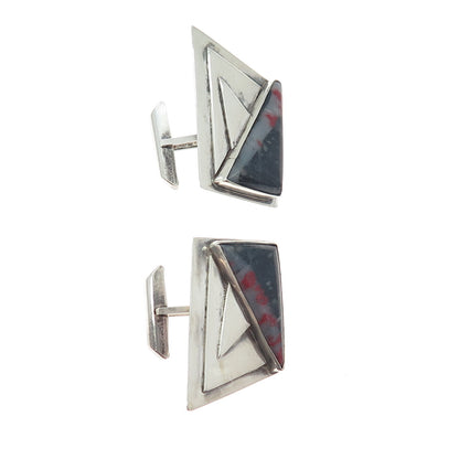 925 Sterling Silver Vintage Real Bloodstone Modernist Oxidized Cufflinks