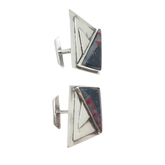 925 Sterling Silver Vintage Real Bloodstone Modernist Oxidized Cufflinks