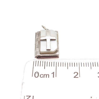 925 Sterling Silver Antique Art Deco Real MOP Cross Prayer Mini Locket Pendant