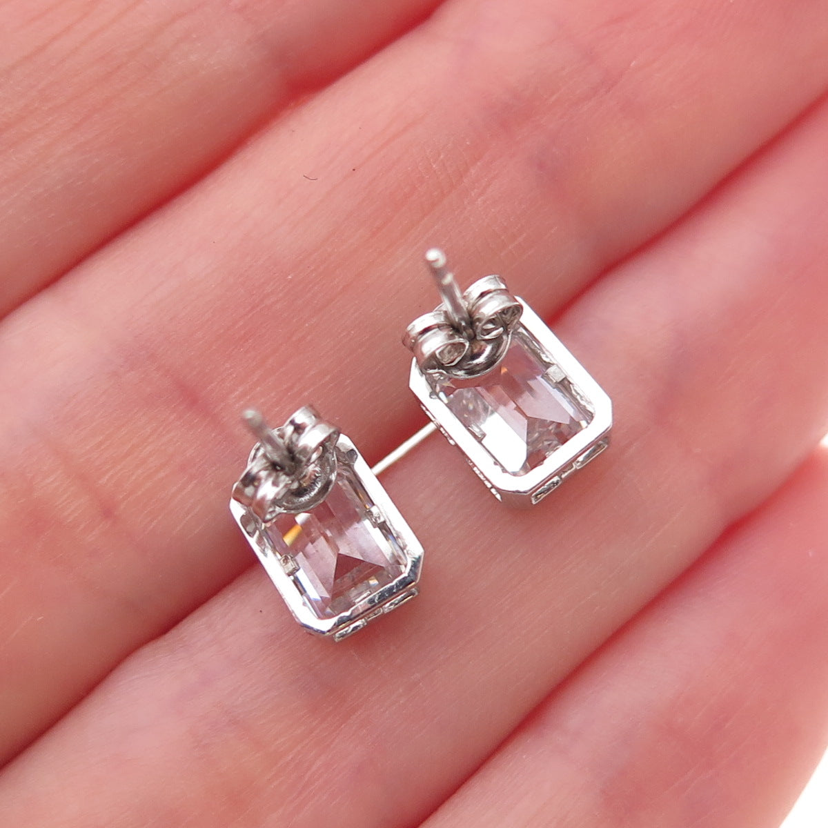 925 Sterling Silver Emerald-Cut C Z Stud Earrings