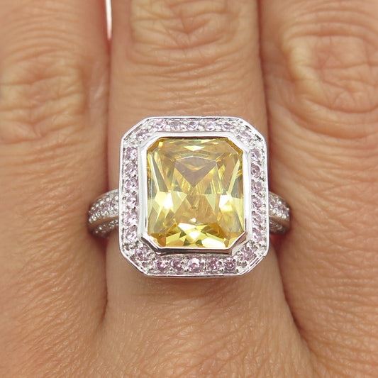 925 Sterling Silver Canary & Pink C Z Bohemian Ring Size 8