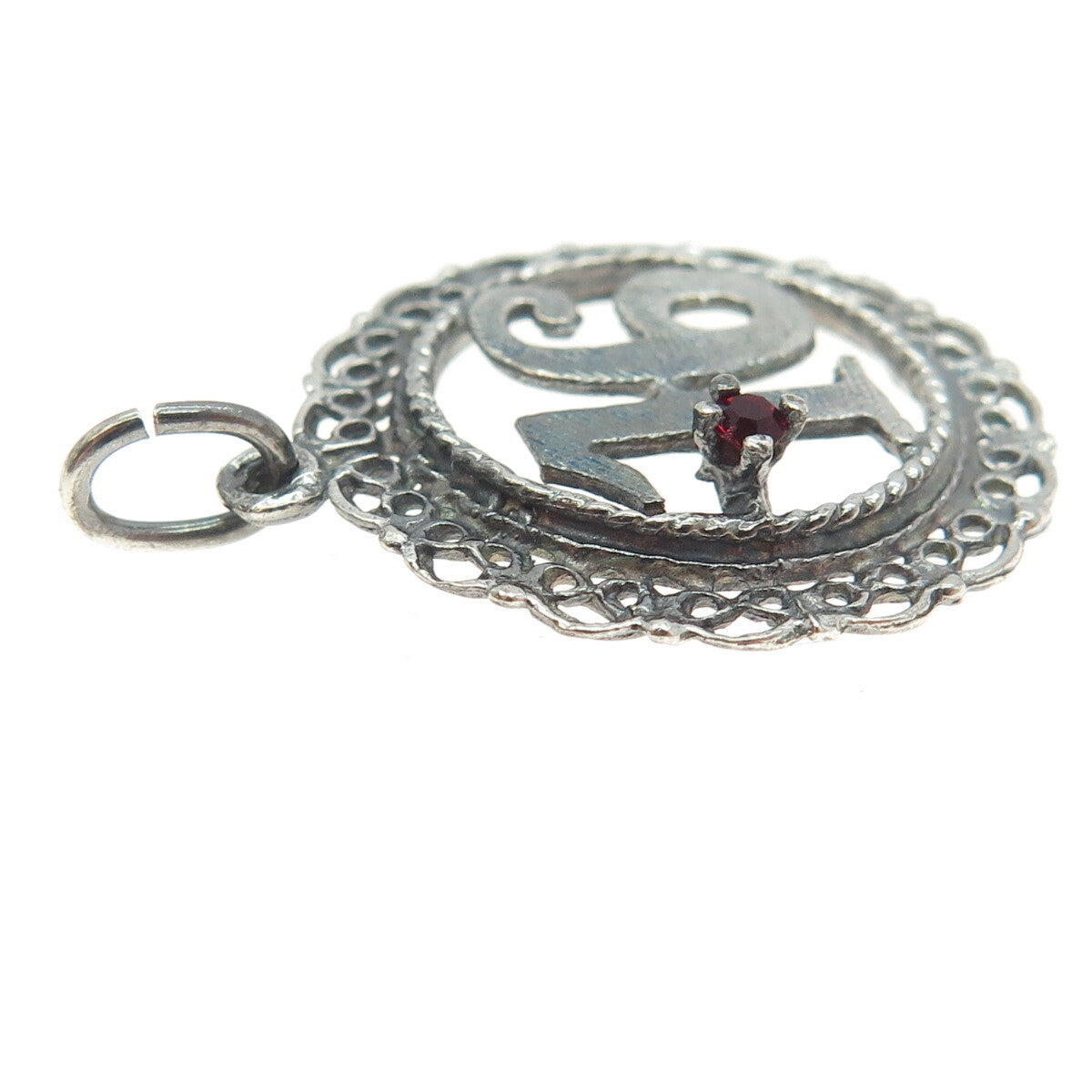 925 Sterling Silver Vintage Red Glass Sweet 16 Ornate Pendant