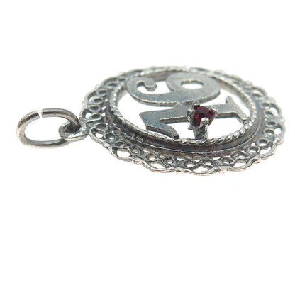 925 Sterling Silver Vintage Red Glass Sweet 16 Ornate Pendant