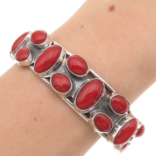 Old Pawn Sterling Silver Vintage Southwestern Coral Adjustable Bracelet 5.75"