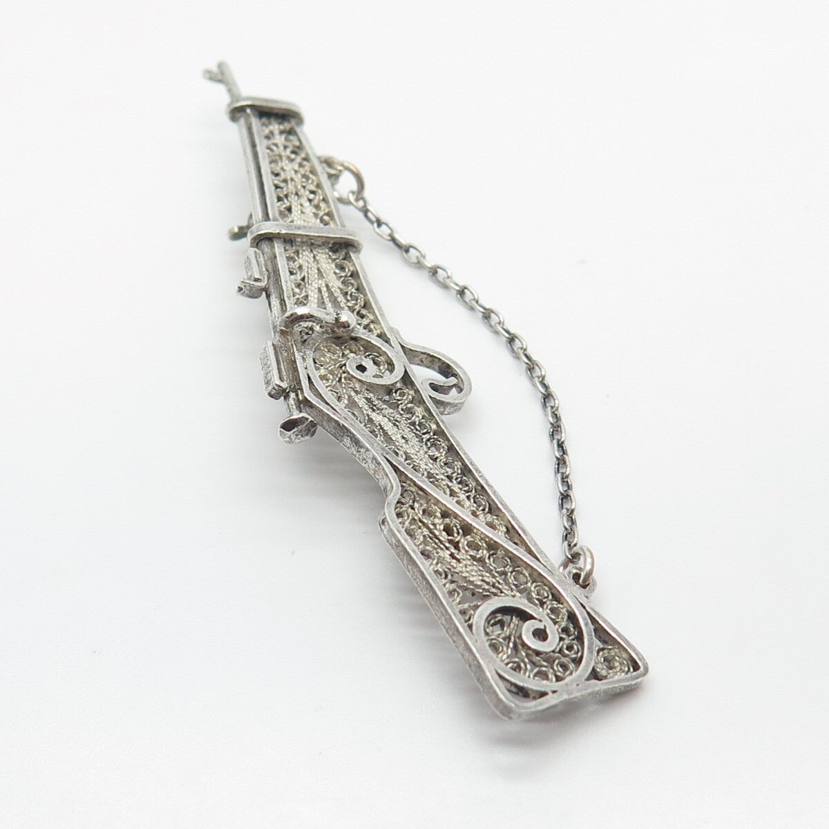 925 Sterling Silver Vintage Rifle Ornate Pin Brooch