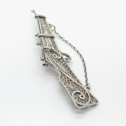 925 Sterling Silver Vintage Rifle Ornate Pin Brooch