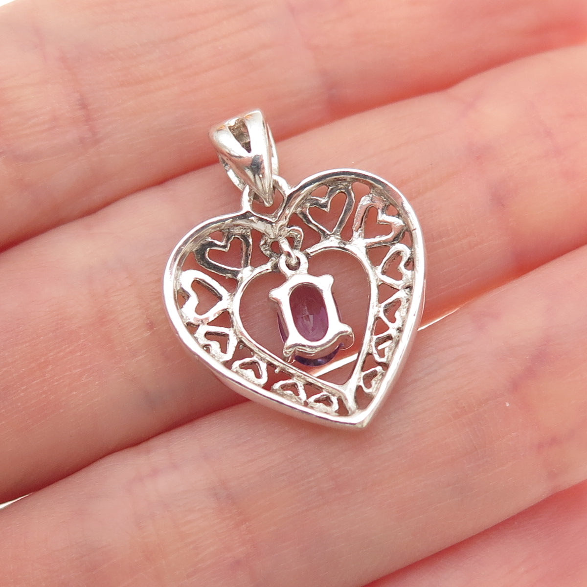 925 Sterling Silver Vintage Real Oval-Cut Amethyst Heart Charm Pendant