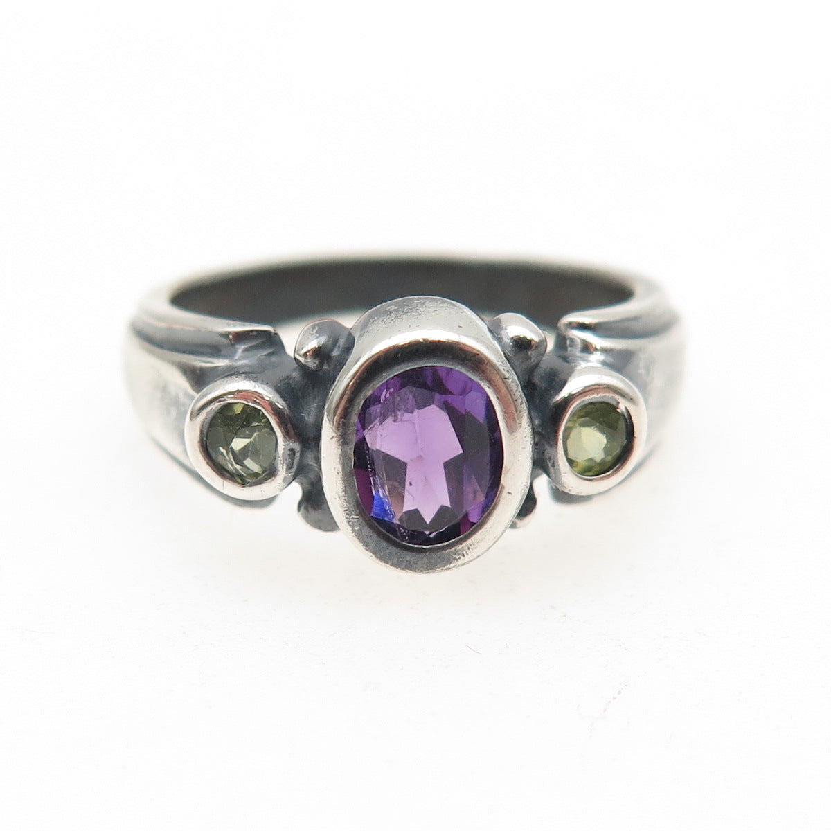 SAJEN 925 Sterling Silver Vintage Real Amethyst & Peridot Oxidized Ring Size 6