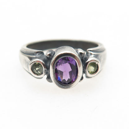 SAJEN 925 Sterling Silver Vintage Real Amethyst & Peridot Oxidized Ring Size 6
