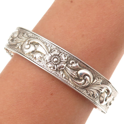 Dunn Bros Sterling Silver Antique Art Deco Floral Repousse Bangle Bracelet 7"
