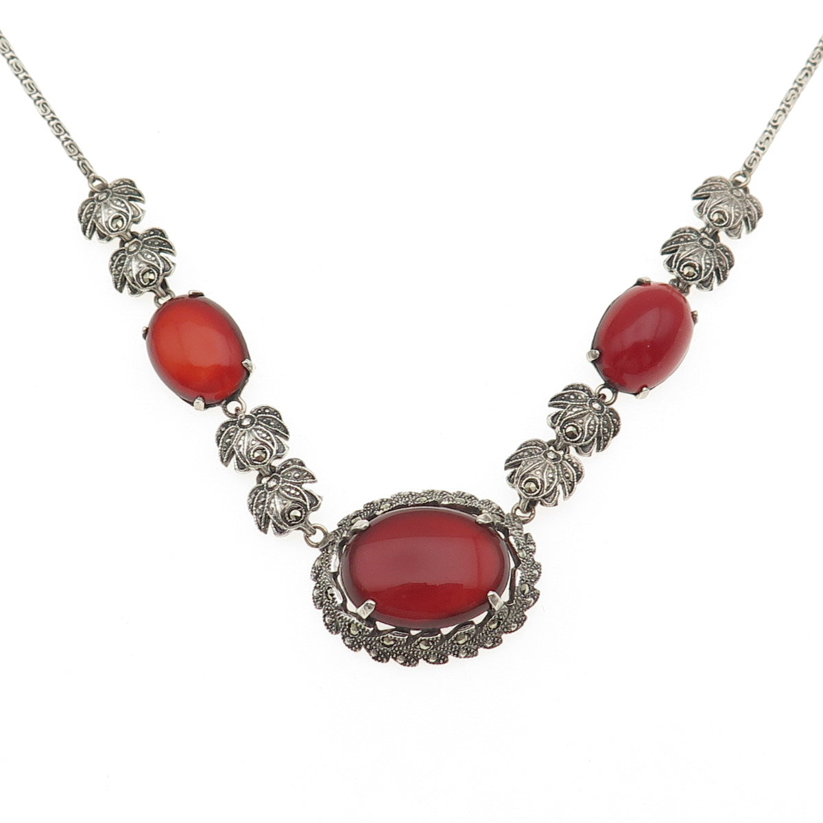 925 Sterling Antique Art Deco Germany Real Carnelian & Marcasite Necklace 16"
