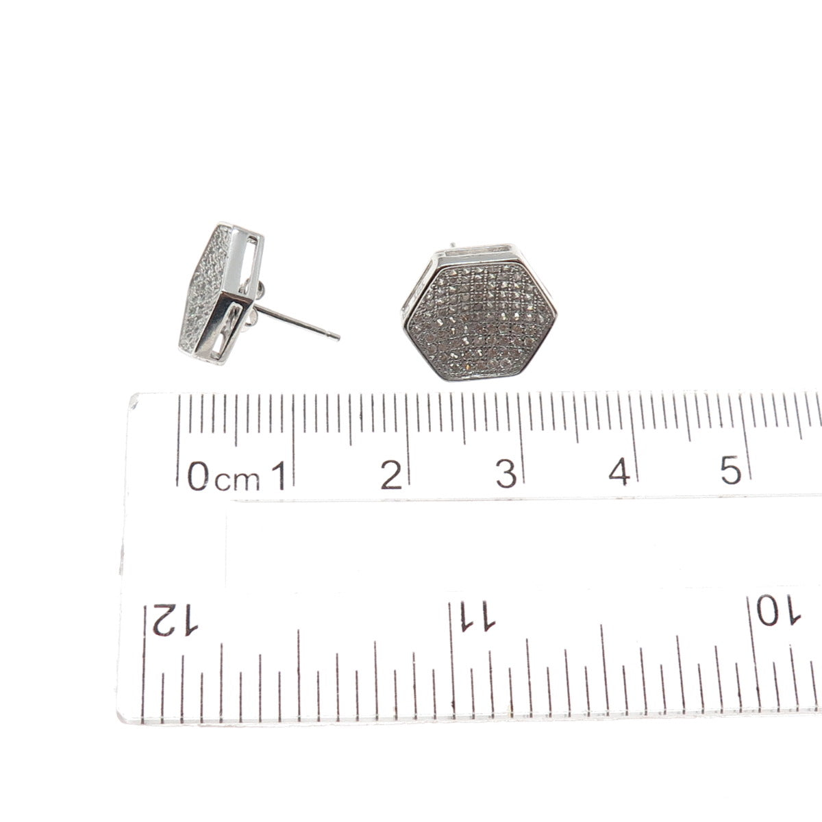 925 Sterling Silver Round-Cut C Z Hexagon Stud Earrings