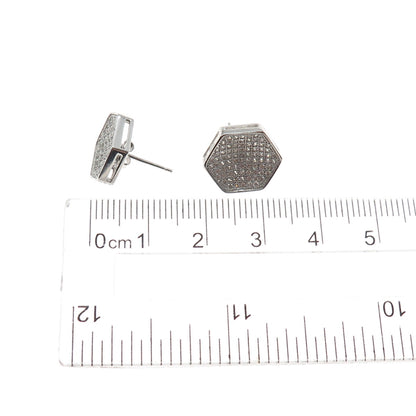 925 Sterling Silver Round-Cut C Z Hexagon Stud Earrings