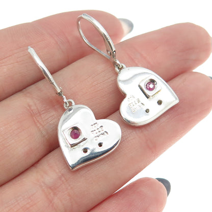 ELLE 925 Sterling Silver Real Round-Cut Diamond & Ruby Heart Dangling Earrings