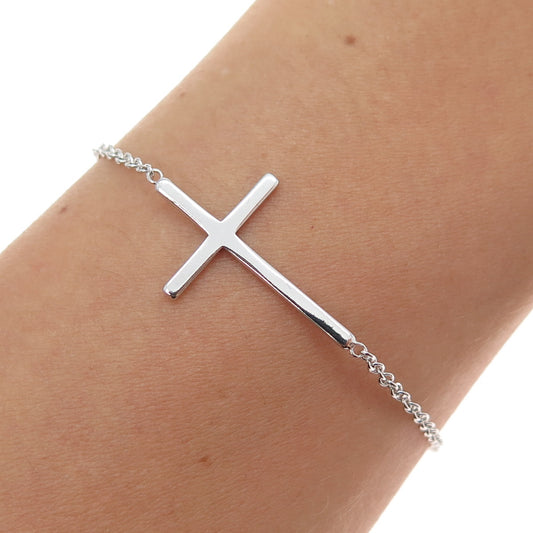 925 Sterling Silver Cross Cable Link Bracelet 6"