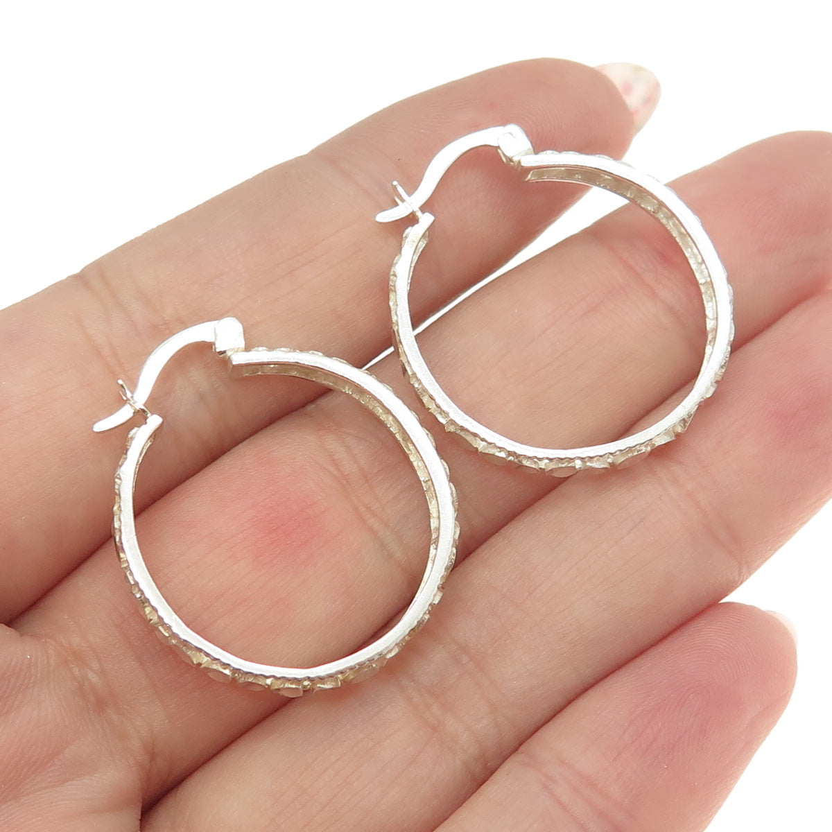 925 Sterling Silver Vintage Textured Hinged Hoop Earrings