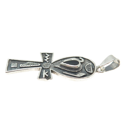 925 Sterling Silver Vintage Black Onyx Gem Egyptian Ankh Cross Pendant