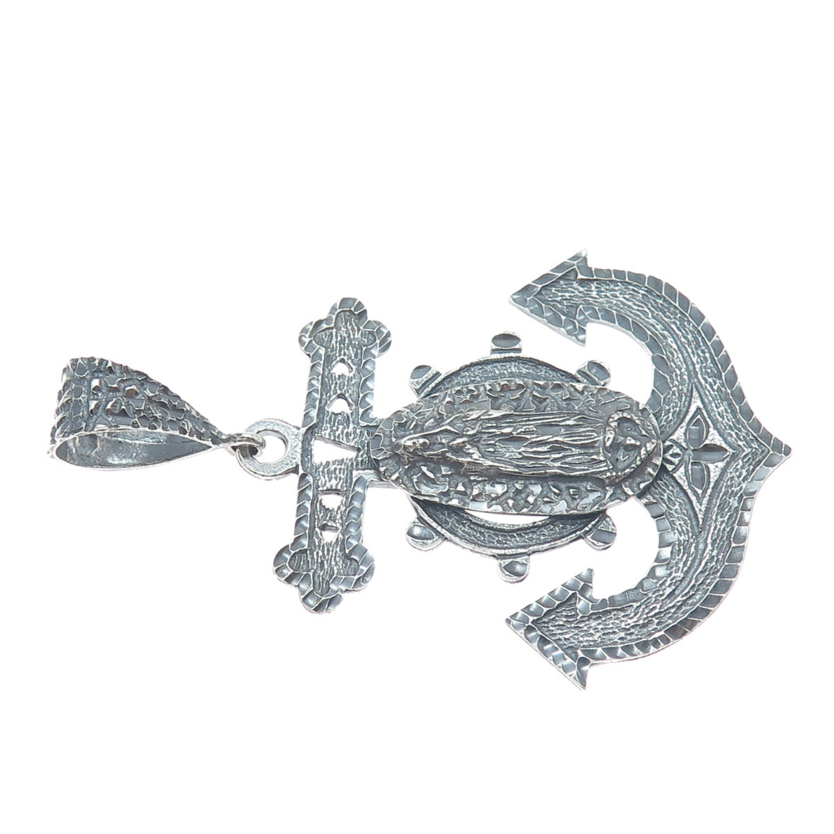 925 Sterling Silver Vintage St. Mary Anchor Diamond-Cut Oxidized Pendant