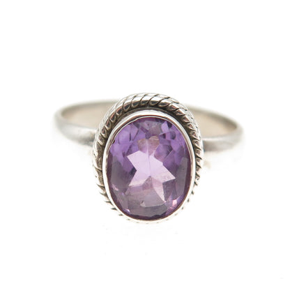 925 Sterling Silver Vintage Real Oval-Cut Amethyst Ring Size 8