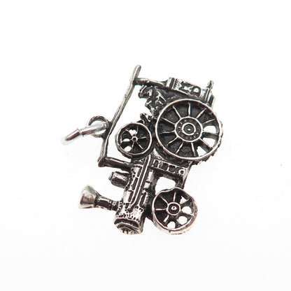 925 Sterling Silver Vintage Steam Traction Engine Oxidized Charm Pendant
