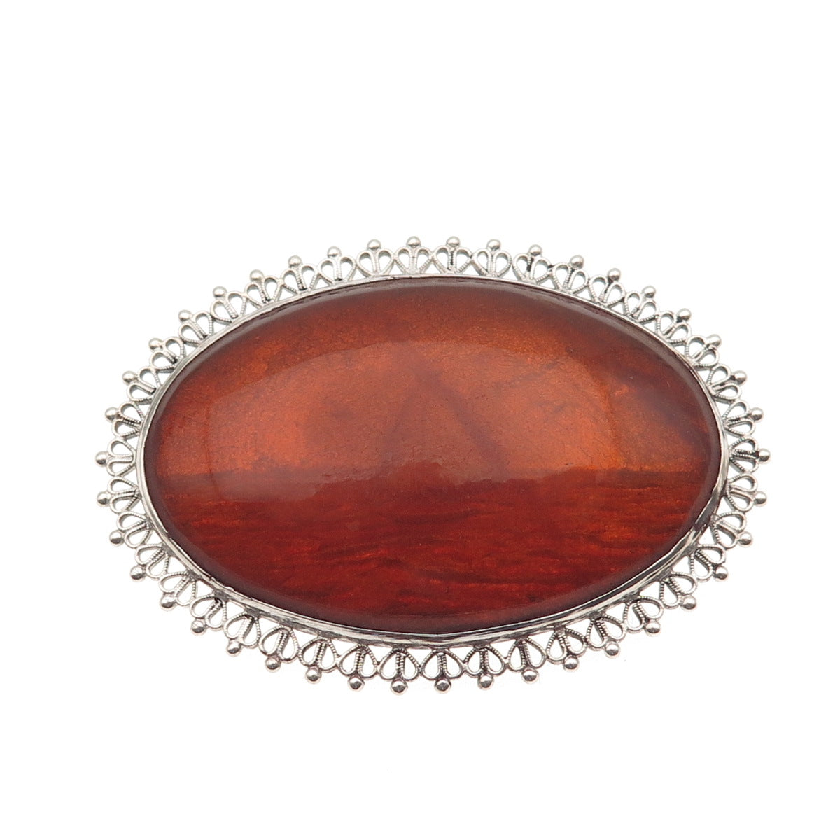 875 Silver Vintage Estonia Real Amber Sailboat Ornate Heart Bezel Pin Brooch